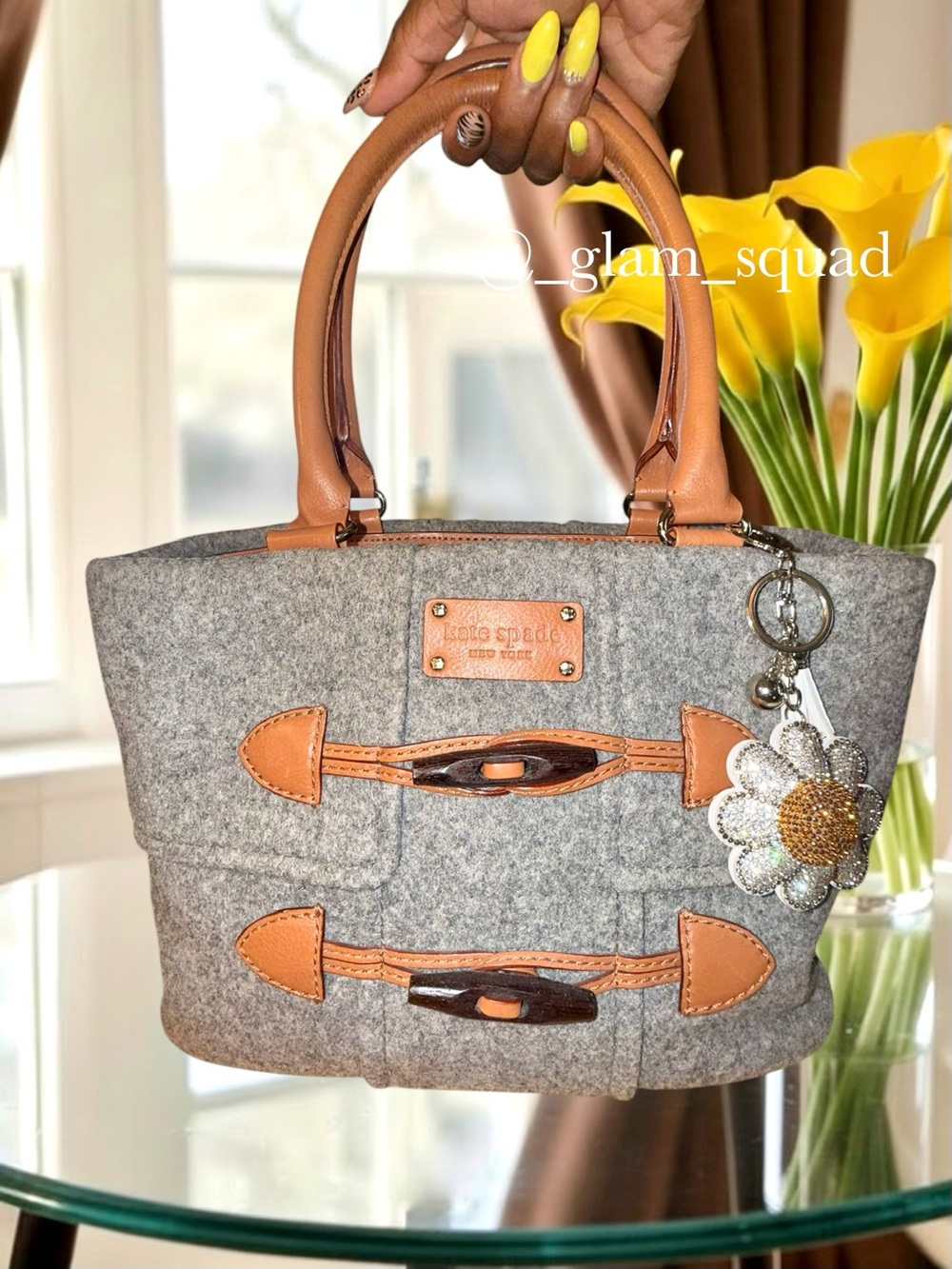 Vintage Kate Spade Wool Flannel & Leather Toggle Quinn Tote Like New w/ charm